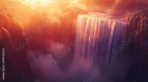 Water cascades powerfully over cliffs into a misty basin, bathed in the warm hues of a breathtaking sunset, evoking tranquility and awe. Misty Waterfall Basin. Illustration photo