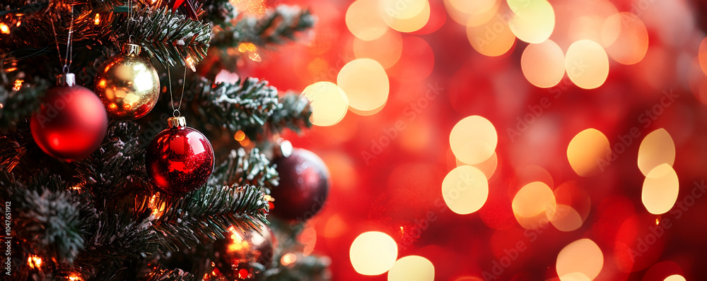 Red and gold ornaments hang on a Christmas tree with red and yellow lights blurred in the background
Red and gold ornaments hang on a Christmas tree with red and yellow lights blurred in the background