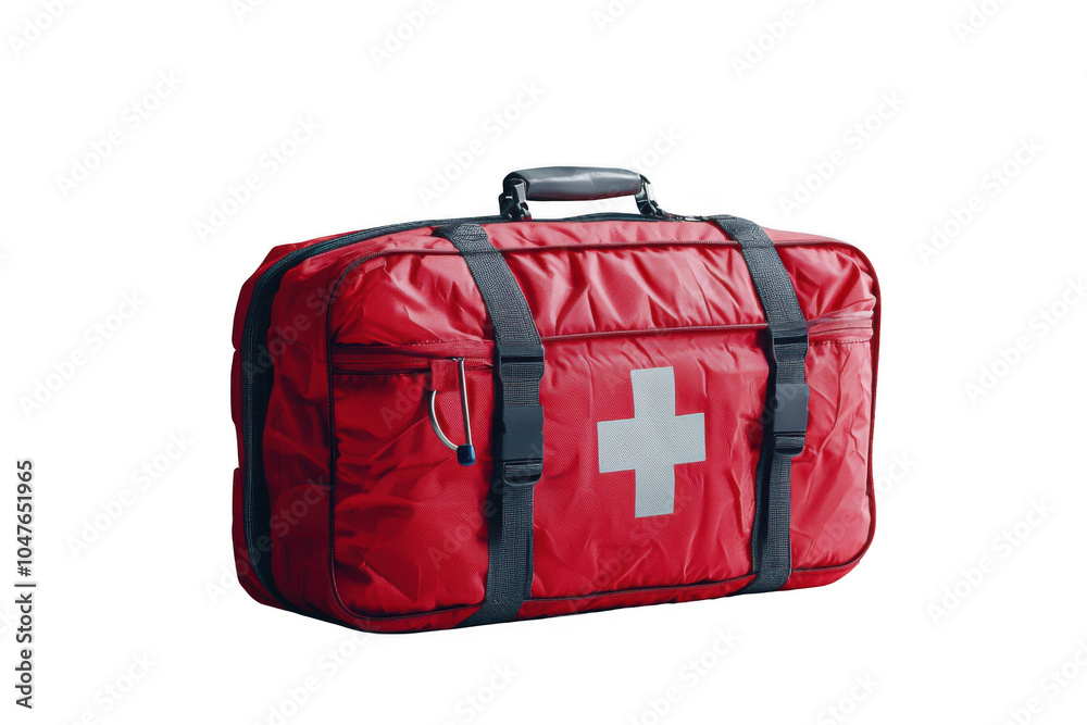 Red first aid kit with white cross isolated on transparent background, png file, no background png file