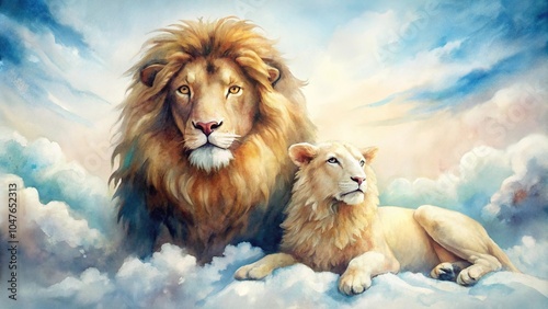 Symbolic watercolor art of a lion and lamb representing peace and strength from a high angle view photo