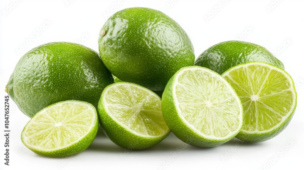 Group of limes with slices and peels, isolated on a pure white background, capturing their citrusy appeal Group of limes with slices and peels, isolated on a pure white background, capturing their citrusy appeal