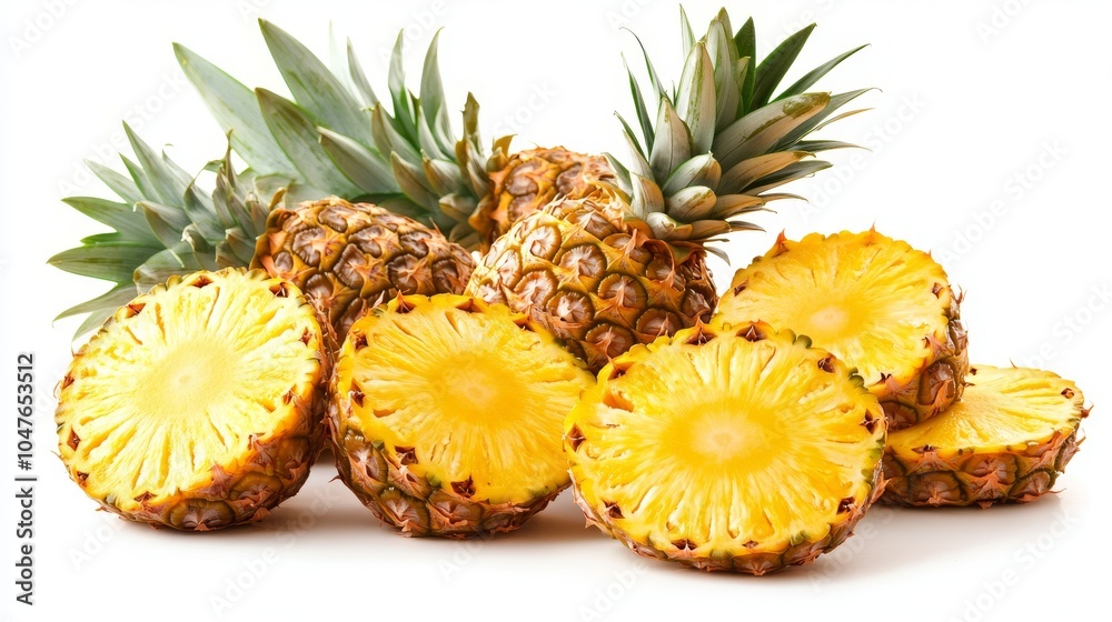 Group of pineapples with slices and peels, isolated on a pure white background, capturing their fruity and exotic nature Group of pineapples with slices and peels, isolated on a pure white background, capturing their fruity and exotic nature