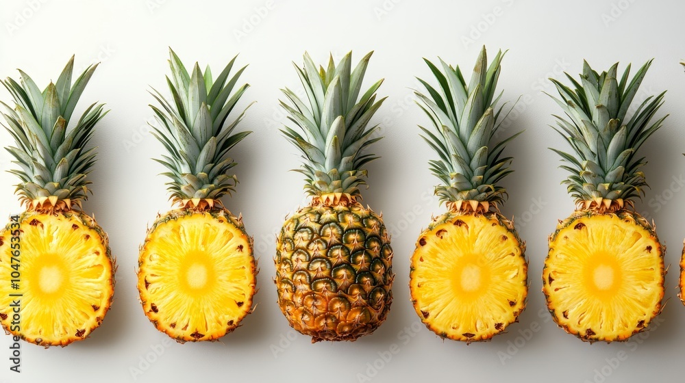 Fototapeta premium Group of pineapples with slices and peels, isolated on a pure white background, capturing their fruity and exotic nature