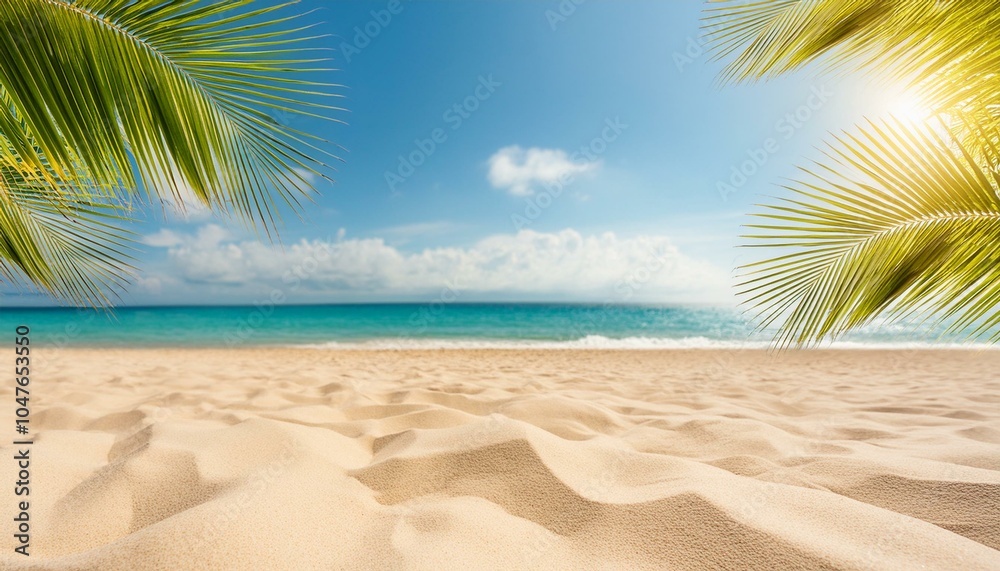 Beautiful wide panorama of a paradise beach with golden sand and palm leaves in blur. Summer Beautiful wide panorama of a paradise beach with golden sand and palm leaves in blur. Summer