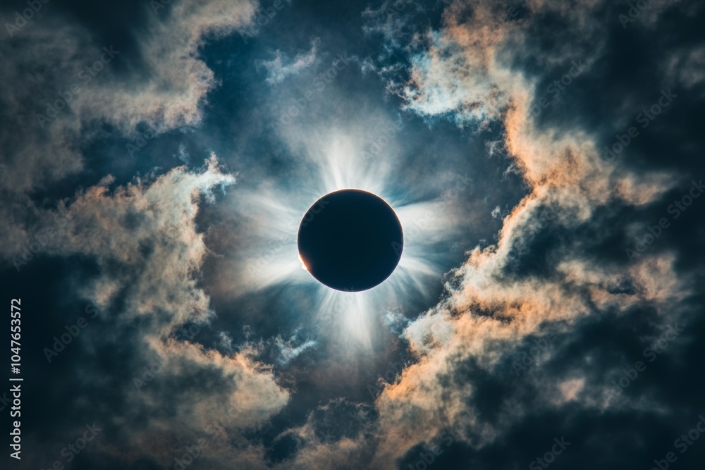 A stunning solar eclipse creates a dramatic halo effect over clouds during a celestial event in the afternoon sky A stunning solar eclipse creates a dramatic halo effect over clouds during a celestial event in the afternoon sky