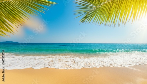 Beautiful wide panorama of a paradise beach with golden sand and palm leaves in blur. Summer