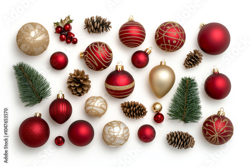 Collection of Christmas ornaments and pine cones isolated on white background, Holiday decoration concept