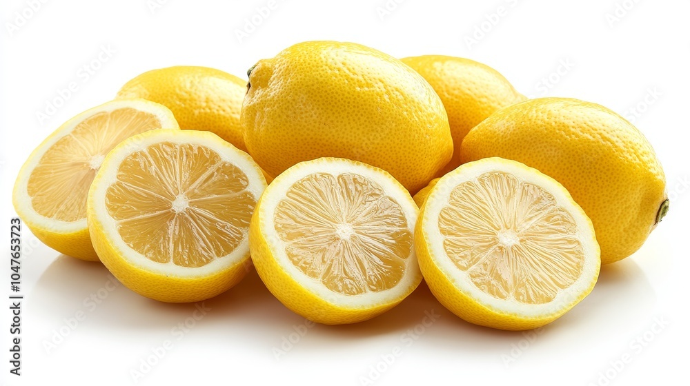 Lemon slices and whole lemons, showcased on a white background, highlighting their vivid yellow color Lemon slices and whole lemons, showcased on a white background, highlighting their vivid yellow color