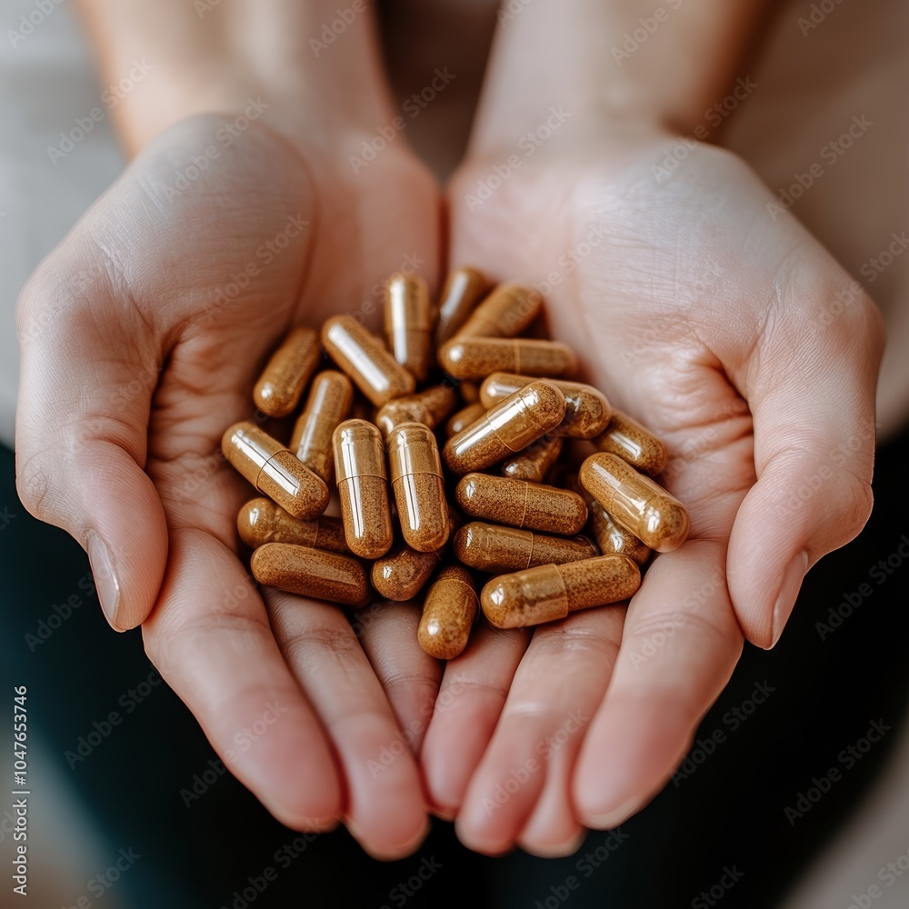 A person holds a handful of golden dietary supplements in their hands. A person holds a handful of golden dietary supplements in their hands.