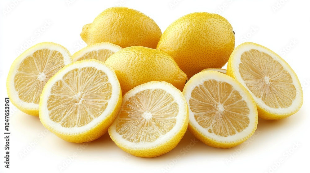 Lemon slices and whole lemons, showcased on a white background, highlighting their vivid yellow color Lemon slices and whole lemons, showcased on a white background, highlighting their vivid yellow color