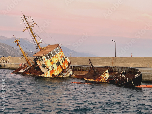 gekentertes Schiffswrack in einem griechischen Hafen  photo