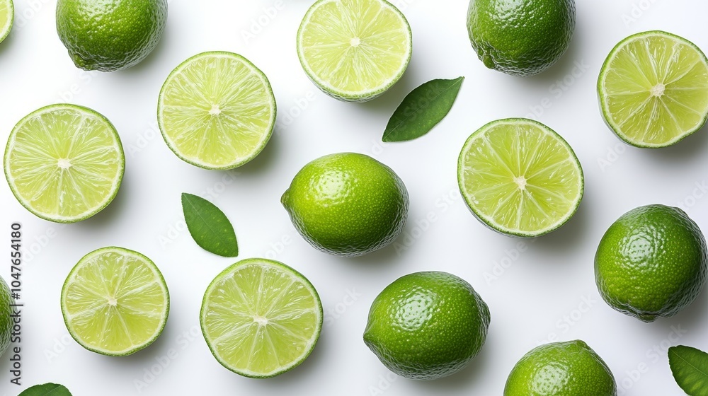 Group of limes with slices and peels, isolated on a pure white background, capturing their citrusy appeal Group of limes with slices and peels, isolated on a pure white background, capturing their citrusy appeal