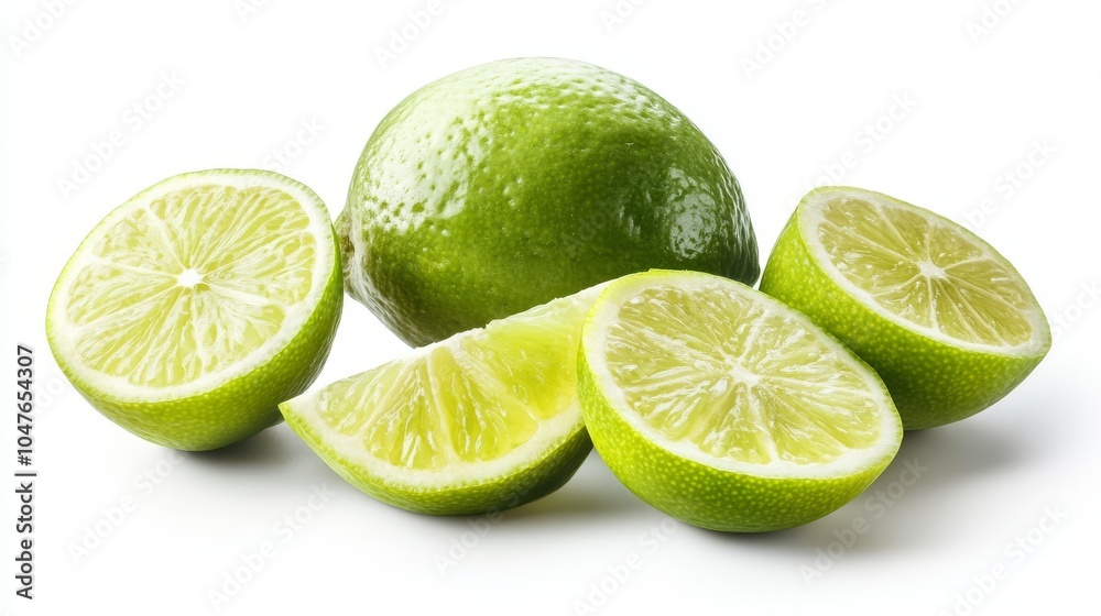 Group of limes with slices and peels, isolated on a pure white background, capturing their citrusy appeal Group of limes with slices and peels, isolated on a pure white background, capturing their citrusy appeal