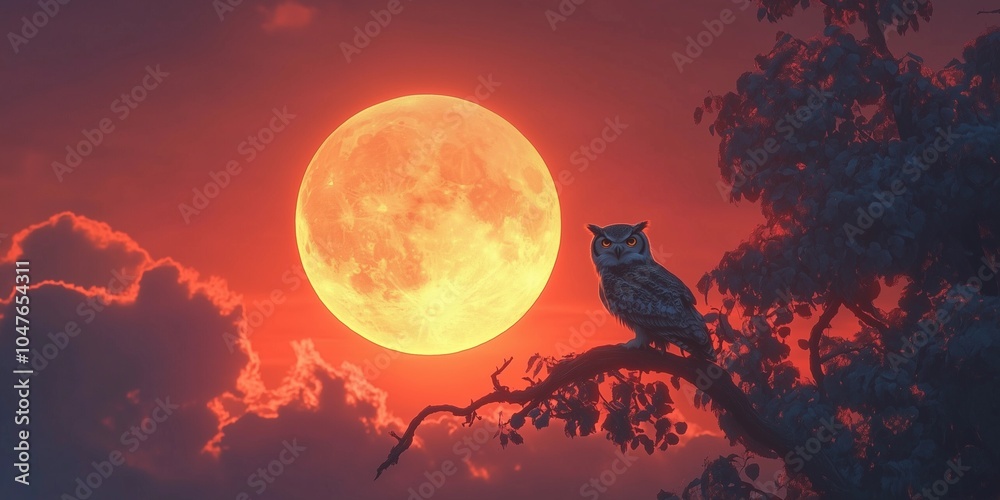 Silhouette of an owl against a stunningly bright full moon in an ethereal scene. Silhouette of an owl against a stunningly bright full moon in an ethereal scene.