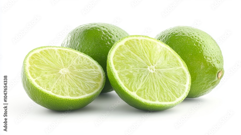 Group of limes with slices and peels, isolated on a pure white background, capturing their citrusy appeal Group of limes with slices and peels, isolated on a pure white background, capturing their citrusy appeal