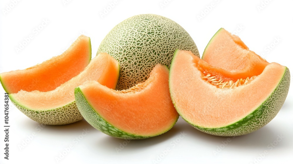 Group of melons with slices and peels, isolated on a pure white background, capturing their fruity appeal Group of melons with slices and peels, isolated on a pure white background, capturing their fruity appeal