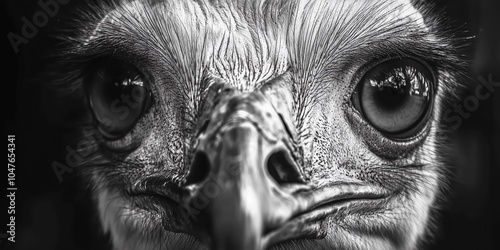 Monochrome close-up of an ostrich face highlighting its expressive eyes and beak detail. photo