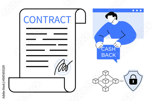 A digital contract, a person with a cash back message, a blockchain diagram, and a security shield. Ideal for business agreements, online transactions, digital security, blockchain technology