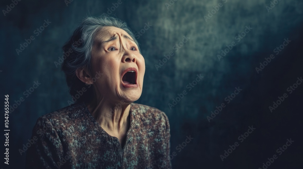 Fototapeta premium Elderly asian woman expressing shock and fear of unexpected event in dramatic portrait on dark background, banner with copy space. intense emotions, psychological reaction