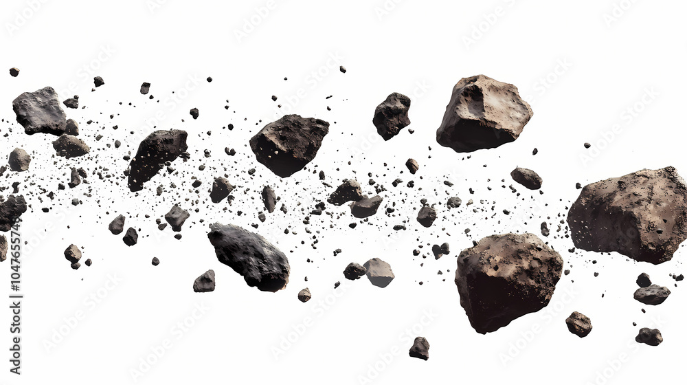 Swarm of asteroid belt floating in space isolated on white transparent ...