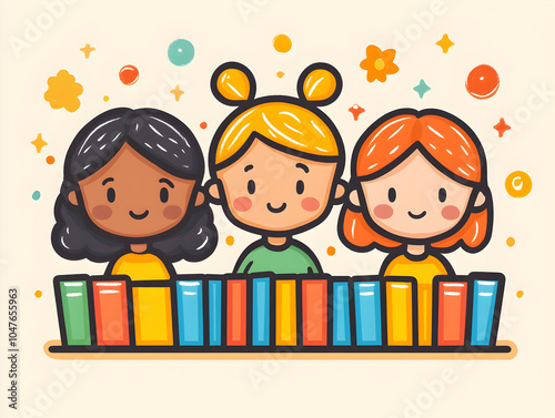 Diverse Girls Reading Together in a Colorful Library Illustration Celebrating Friendship and Learning