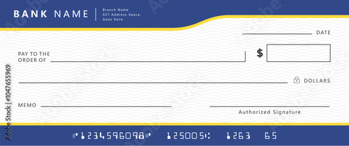 Blue modern bank cheque checkbook. money draft voucher