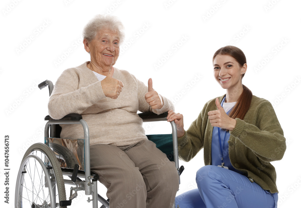 Caregiver and senior woman showing thumbs up on white background. Home health care service Caregiver and senior woman showing thumbs up on white background. Home health care service