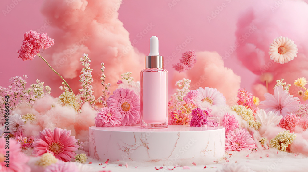 Elegant Display: Cosmetic Bottle on Plaster Podium with Flowers
