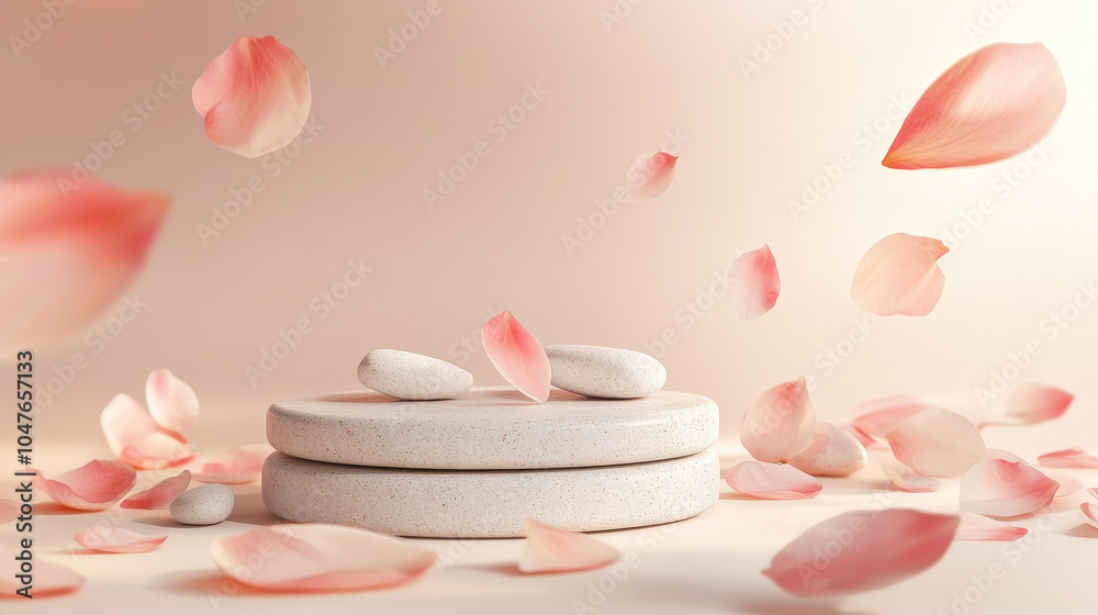 Serene Display: Stones Podium with Flower Petals Serene Display: Stones Podium with Flower Petals