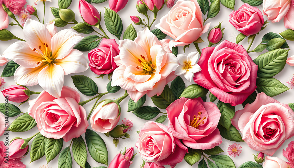 Seamless floral pattern with roses and lilies isolated with white highlights, png Seamless floral pattern with roses and lilies isolated with white highlights, png