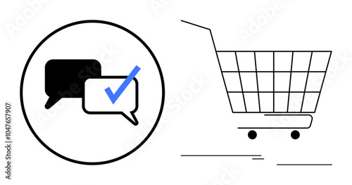 Two chat bubbles with a checkmark in a circle on the left and an empty shopping cart, on the right Ideal for eCommerce customer feedback online shopping user reviews and digital retail interactions