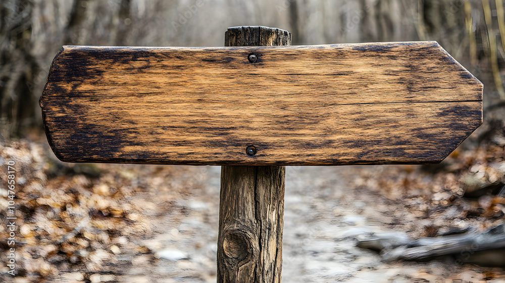 Naklejka premium Rustic Wooden Sign on Forest Trail Surrounded by Autumn Leaves