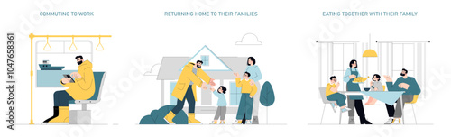 One Day Of Commercial Fishing. Flat Vector Illustration