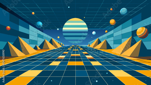 1980s-style-abstract-space-illustration--perspecti photo