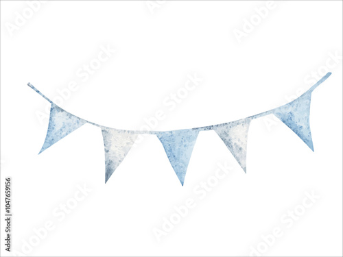 Bunting Party Flags. Hand drawn Watercolor illustration of Blue Birthday Garland in Vintage style isolated on a white background. Design Element for Birthday, Baby Shower, Boy Gender party.