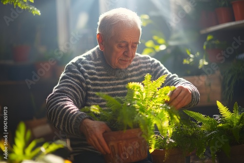 An elderly man tending to vibrant green plants in a cozy indoor setting. The sunlight shines softly. A heartwarming scene of nature and care. Generative AI photo