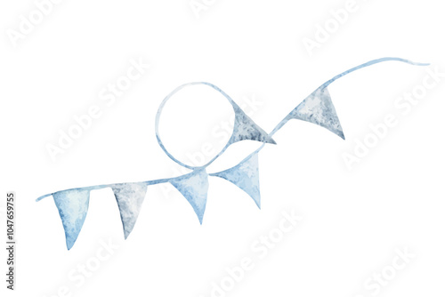 Bunting Party Flags. Hand drawn Watercolor illustration of Blue Birthday Garland in Vintage style isolated on a white background. Design Element for Birthday, Baby Shower, Boy Gender party.