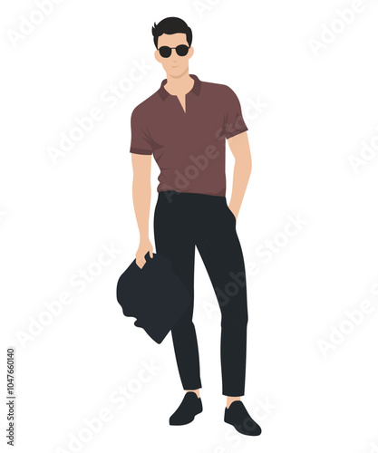 Young man in burgundy shirt, black trousers and black glasses holding jacket. Elegant style for walks or evening events.