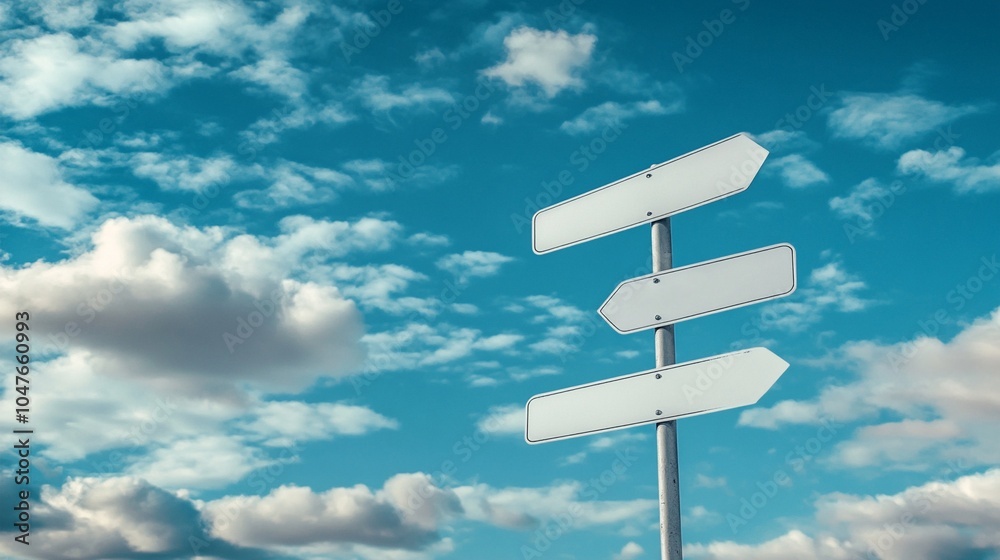Blank directional signpost against a vibrant blue sky with scattered white clouds, symbolizing choices, decisions, and multiple paths in life's journey. Blank directional signpost against a vibrant blue sky with scattered white clouds, symbolizing choices, decisions, and multiple paths in life's journey.