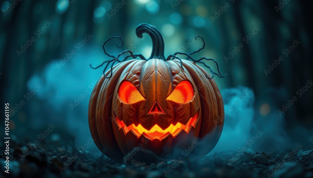 Fototapeta premium Spooky halloween pumpkin in enchanted forest
