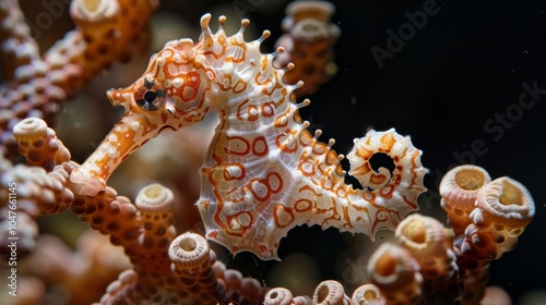 A closeup of a delicate seahorse with a curly tail and intricate patterns resting on a piece of coral.