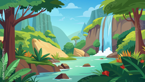 Serene waterfall cascading into a lush river surrounded by vibrantly green mountains and tropical plants during a sunny day