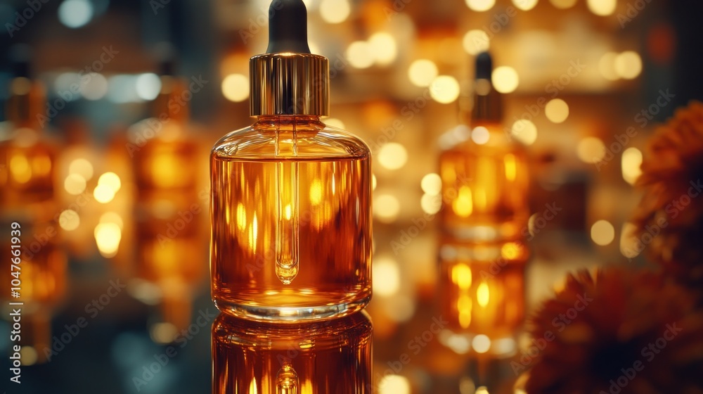 Amber glass dropper bottles with oil, close up shot with bokeh background and reflection. Amber glass dropper bottles with oil, close up shot with bokeh background and reflection.