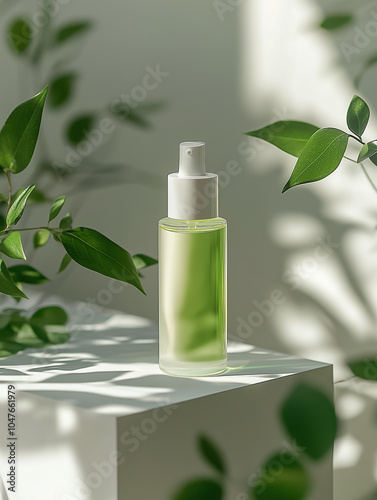 Simple and elegant lotion or serum bottle and a green leaves. beauty or wellness products.