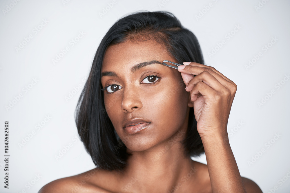 Woman, beauty and portrait with tweezers, eyebrows and grooming for hair removal, pride or glow. Female person, aesthetic and dermatology for shape, epilation and facial treatment on white background Woman, beauty and portrait with tweezers, eyebrows and grooming for hair removal, pride or glow. Female person, aesthetic and dermatology for shape, epilation and facial treatment on white background