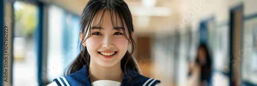 Beautiful Asian high school girl smiles in classroom hallway.