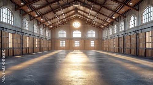 An empty industrial warehouse with large windows and wooden doors. Sunlight streams through the windows, creating beams of light on the concrete floor.