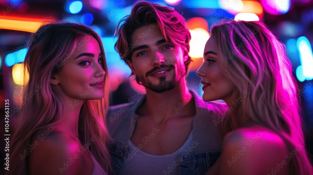 A man is standing between two women in a club A man is standing between two women in a club