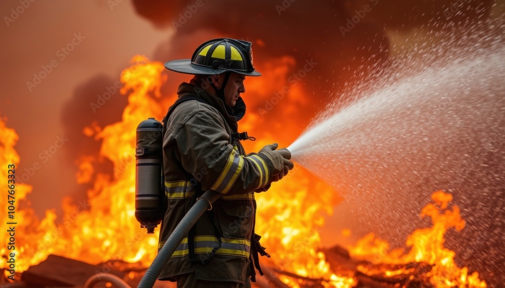 Brave firefighter battling flames