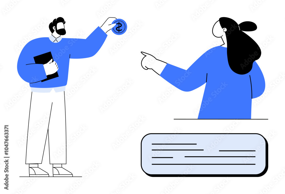 Two individuals interacting where one holds a document and a coin while the other points. Ideal for business transactions, financial discussions, office communication, professional collaboration Two individuals interacting where one holds a document and a coin while the other points. Ideal for business transactions, financial discussions, office communication, professional collaboration